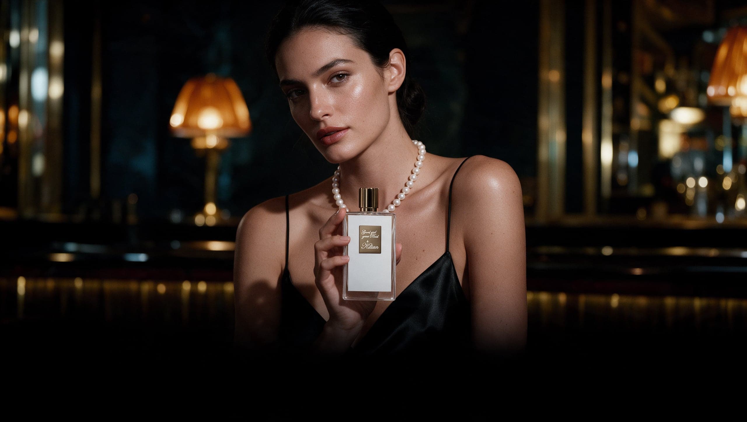 Woman holding Kilian Good Girl Gone Bad in a dark, warm interior