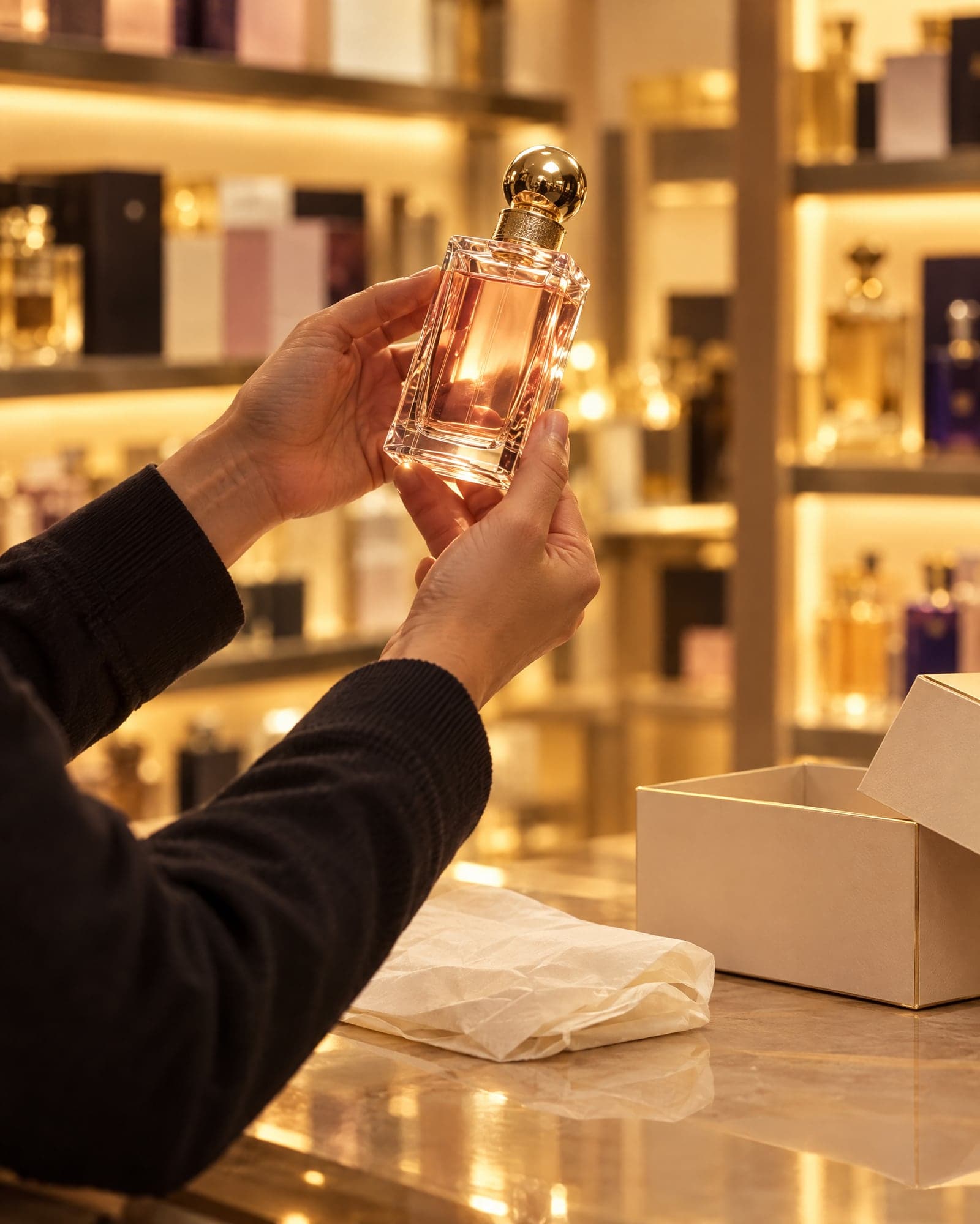 A bottle held up to the light at the shop counter, its box and tissue beside it